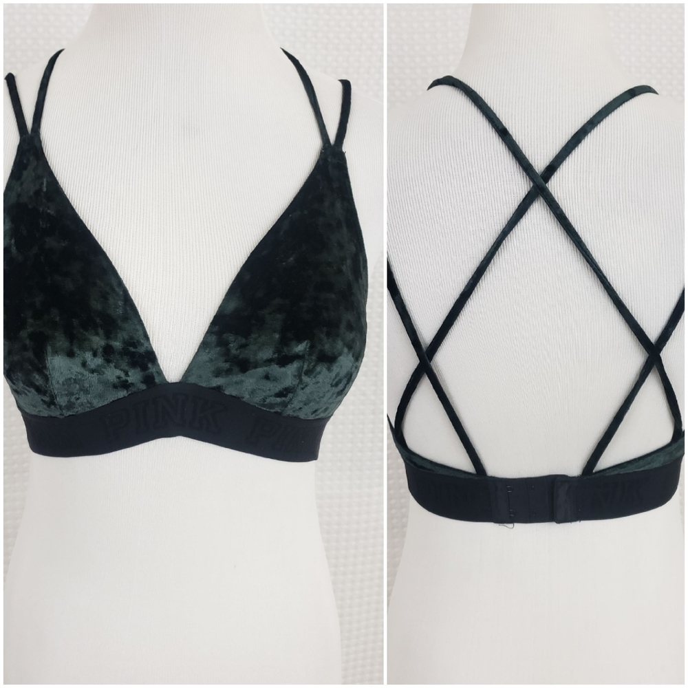 Victorias Secret Pink Velvet Bralette Unlined Strappy Bra Boho size Small Green